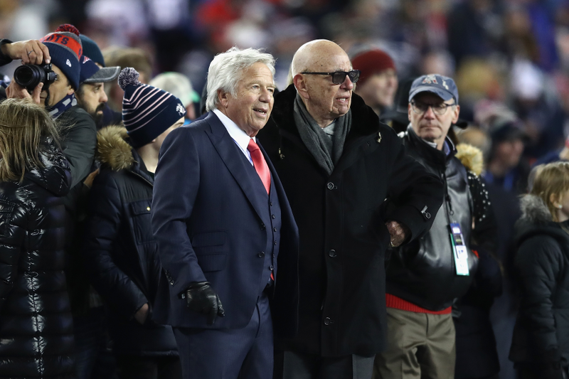 Robert Kraft and Rupert Murdoch stand together before the Patriots’ divisional playoff game on Jan. 14, 2017. Photo: Elsa/Getty Images.
